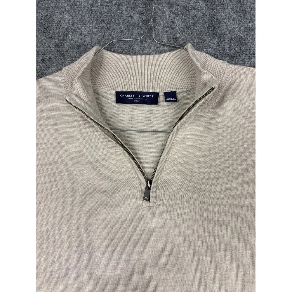 Charles Tyrwhitt Mens L Qtr Zip Sweater Mock Neck Knit 100% Merino Wool Beige
